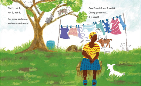 Illustration from 100 Goats and Granny! showing Granny sitting outdoors with goats climbing a tree and hanging on clothesline.