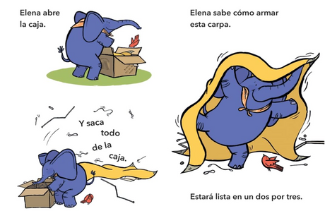 Elena Camps/Elena va a acampar: A Dual Edition Flip Book shows Elena unpacking and setting up a tent in a colorful illustration.
