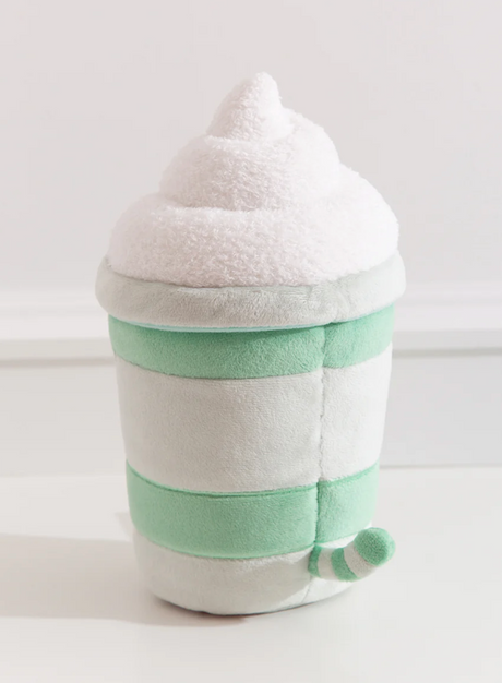 Pusheen Matcha Latte plush with green stripes, white whipped foam, and signature cat tail and ears, 9.5 inches tall.