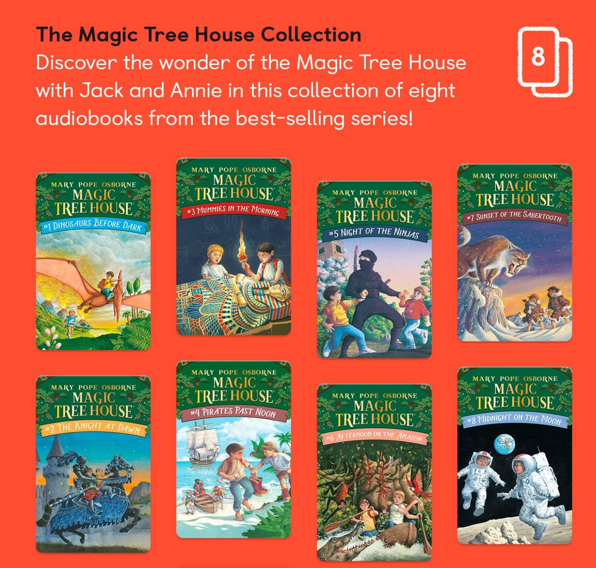 Yoto | The Magic Tree House Collection featuring eight audiobook covers of Jack and Annie’s adventurous stories.