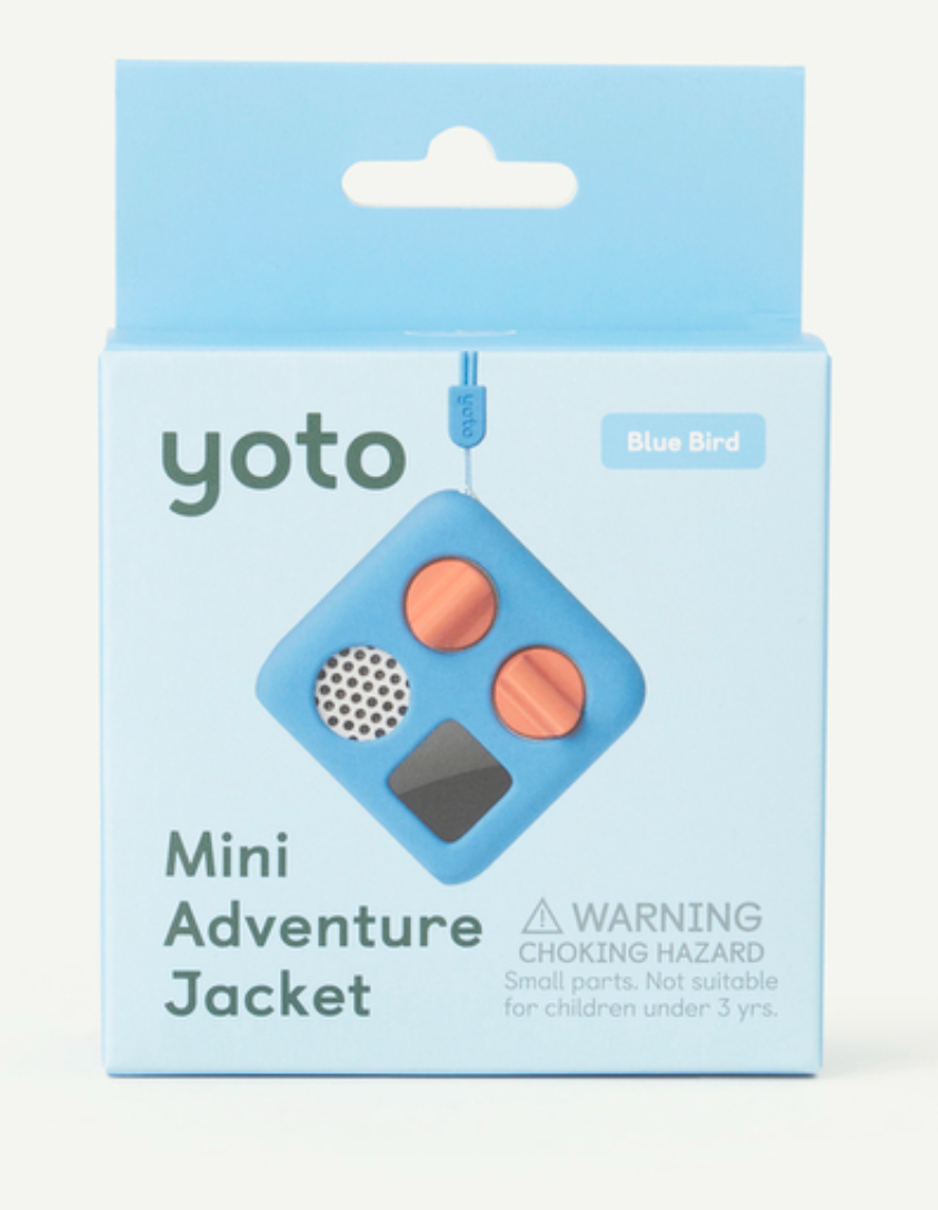 Yoto Mini Adventure Jacket | Blue Bird in packaging, featuring a small blue device with orange buttons and speaker grille.