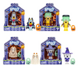 Bluey Figure Halloween collectible set featuring Vampire Bluey, Monster Lucky, Ghost Bingo, and Witch Chloe in festive packaging.