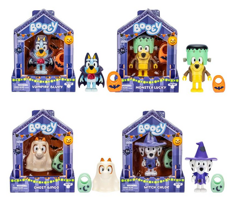 Bluey Figure Halloween collectible set featuring Vampire Bluey, Monster Lucky, Ghost Bingo, and Witch Chloe in festive packaging.