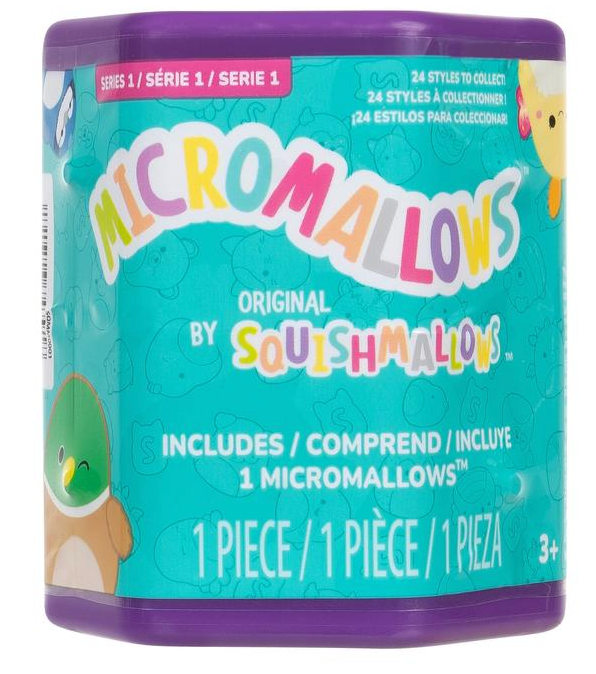 Squishmallows Micromallows Mystery Capsule with colorful packaging featuring 24 collectible styles and one plush inside.