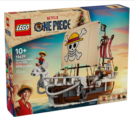 LEGO ONE PIECE The Going Merry Pirate Ship model with 1,376 pieces featuring detailed minifigures and sails.