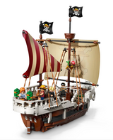 ONE PIECE The Going Merry Pirate Ship LEGO model with minifigures and detailed sails and deck features.