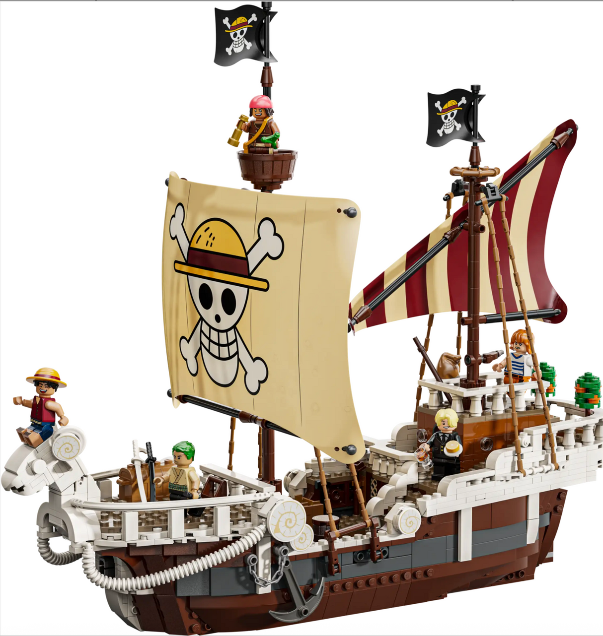 ONE PIECE The Going Merry Pirate Ship LEGO model with minifigures, detailed sails, and pirate flags.