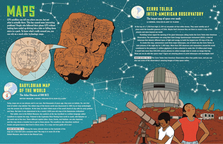 Atlas Obscura Explorer's Guide to Inventing the World spread showing the Babylonian map and Cerro Tololo Observatory.