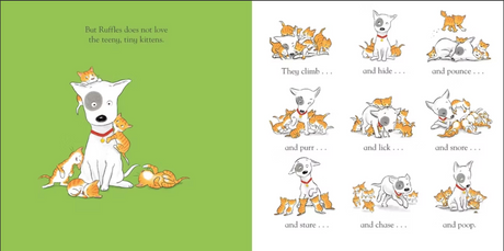Illustration of Ruffles the dog surrounded by playful tiny orange kittens showing various actions like climbing, hiding, and pouncing.