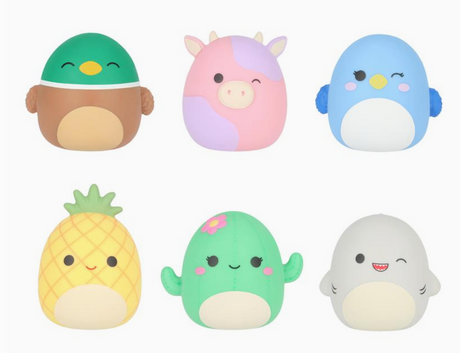 Six colorful Squishmallows Squooshems slow-rise foam figures including bird, unicorn, penguin, pineapple, cactus, and shark designs.