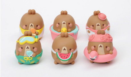 Six cute brown Molang figures dressed in colorful summer beach outfits and accessories on white background