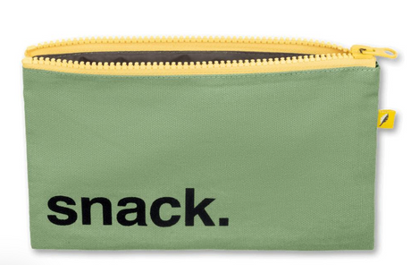 Reusable moss green snack bag with yellow zipper, roomy and safe for food storage, easy to clean and eco-friendly