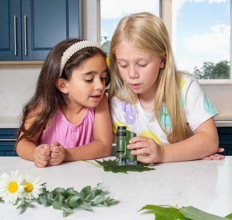 Two children use a lighted pocket microscope to examine a green leaf on a white table indoors.