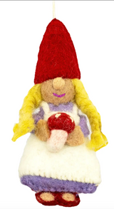 Felt ornament of a smiling gnomette with yellow braids, red hat, purple dress, and holding a red mushroom.