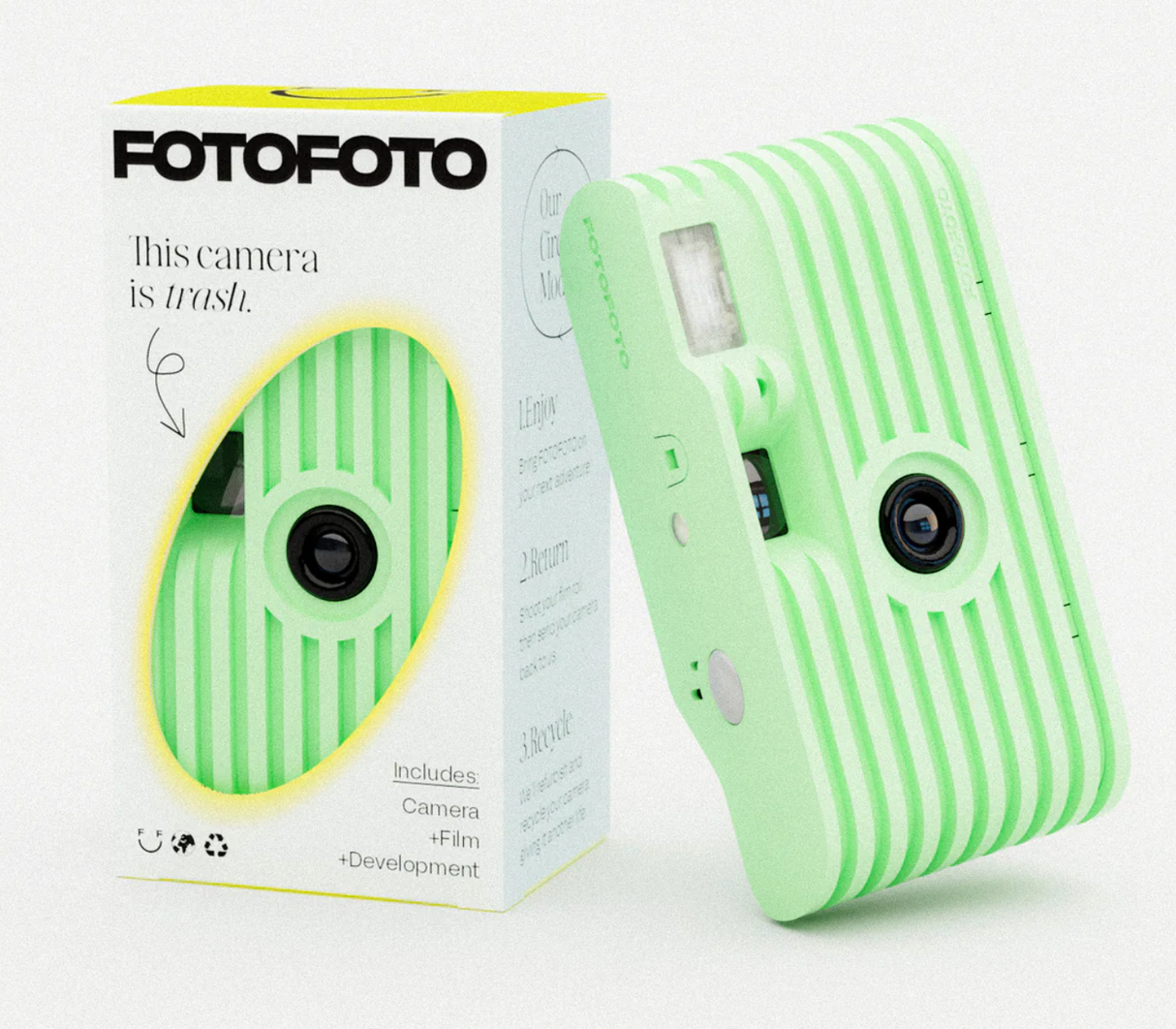 Green striped Fotofoto disposable camera made from upcycled waste with matching branded packaging box