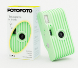 Green striped Fotofoto disposable camera made from upcycled waste with matching branded packaging box