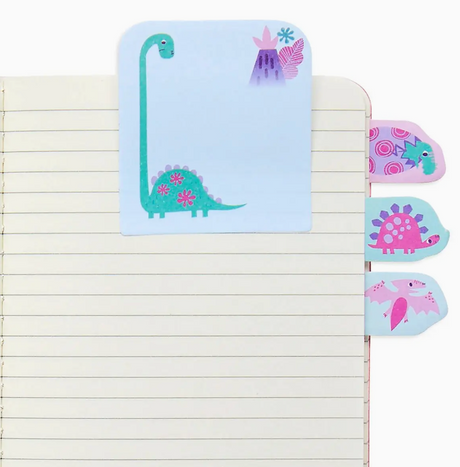 Cute dinosaur-themed sticky tabs attached to the edge of a lined notebook page for notes and reminders