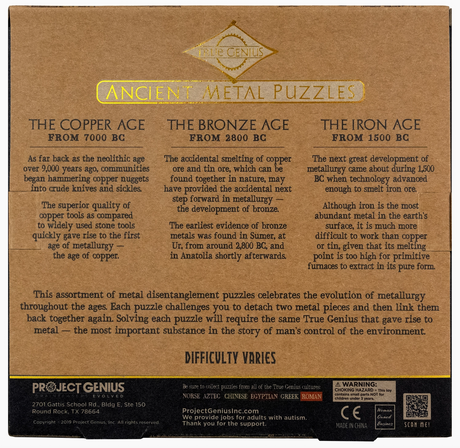 Back of True Genius Ancient Metal Puzzle Set box describing copper, bronze, and iron ages with puzzle difficulty levels.