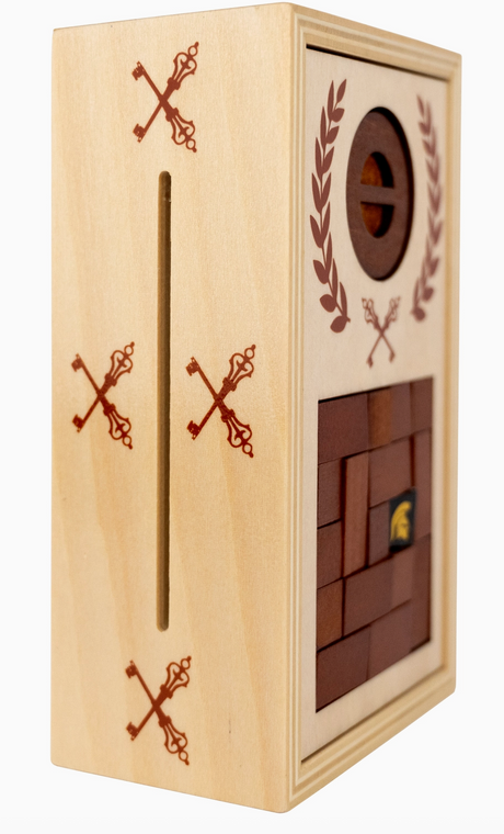 Wooden Roman Lock Box puzzle with decorative key designs and sliding pieces revealing a hidden compartment inside