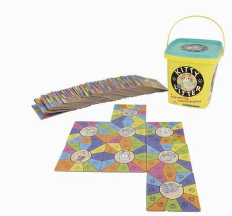 Kitty litter pail-themed matching game with colorful tiles featuring kawaii cats for quick, fun family play.