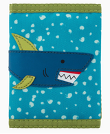 Blue trifold kid’s wallet with appliquéd shark design and green trim, made from durable fabric with coin and mesh pockets