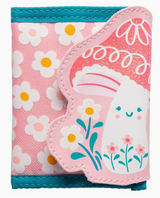 Pink trifold kid's wallet with smiling mushroom and flower appliqué design and blue trim edges