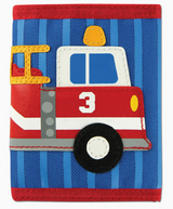 Colorful trifold kid’s wallet with appliquéd firetruck design on blue striped background and red trim