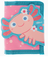 Pink and blue kids trifold wallet featuring a smiling axolotl design with glitter accents and flower details.