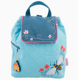 Quilted backpack in blue with embroidered bees and flowers, perfect for preschool and everyday use with magnetic snap closure