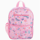 Pink junior backpack with lilac butterfly and floral design, front zip pockets and padded adjustable straps for kids.