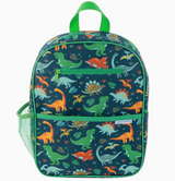 Child’s junior backpack with colorful dinosaur print, padded mesh back, adjustable straps, and multiple zippered pockets