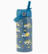Blue insulated water bottle with construction vehicle design, pivoting handle, and straw for kids’ drinks on the go.