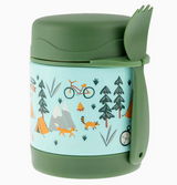 Insulated food jar with outdoor camping design and attached green spork for kids on the go, keeps food hot or cold