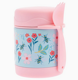 Insulated food jar with bee and flower design in pastel pink and blue with attached reusable spork