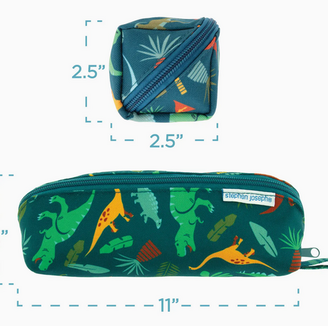 Green pencil pouch with colorful dinosaur prints and a zipper closure measuring 11 by 2.5 inches