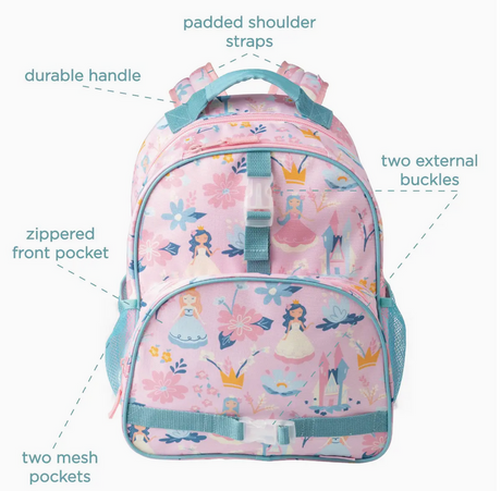 Pink princess-themed backpack with padded straps, durable handle, mesh side pockets, front zipper pocket, and external buckles