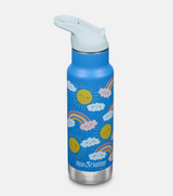 Blue insulated kids water bottle with rainbows, suns, clouds, spill-proof sport cap and easy carry loop.