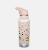 Pink insulated kids water bottle with owl and floral design, spill proof sport cap, and easy carry loop