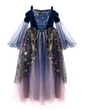 Girls twilight gown with dark velvet bodice, gold star embroidery, and flowing ombré tulle skirt in purple and pink
