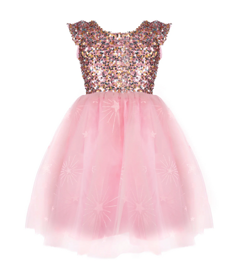 Pink dress for girls with multicolored sequin bodice and star-patterned soft tulle skirt, size 5-6 years.