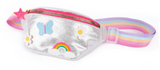 Metallic silver kids fanny pack with rainbow, butterfly, flower designs and adjustable pastel rainbow strap