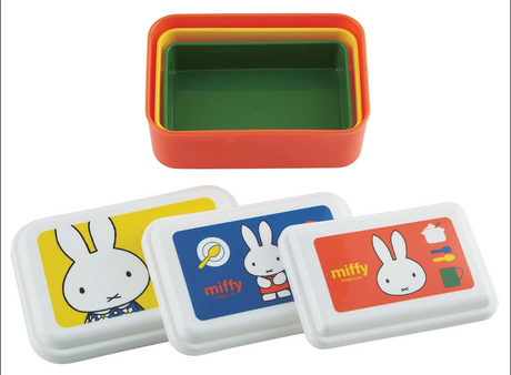 Set of three colorful Miffy rectangular food containers with dome lids for easy stacking and storage