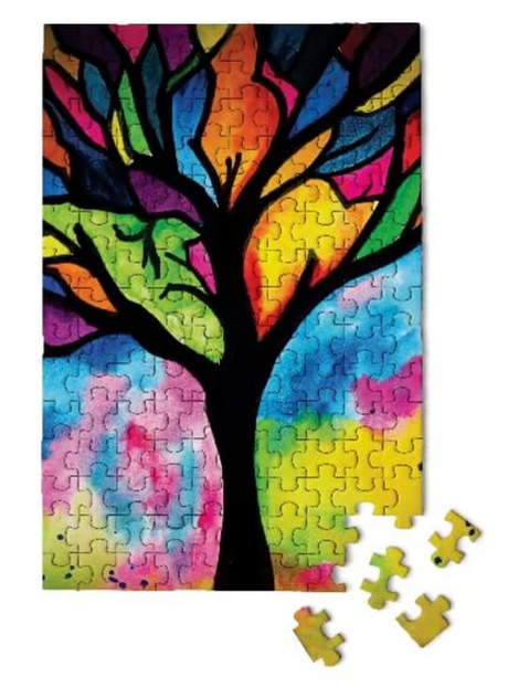 Colorful stained glass tree puzzle with 150 pieces showcasing vibrant blues, yellows, greens, and pinks in a 4 by 6 inch size.