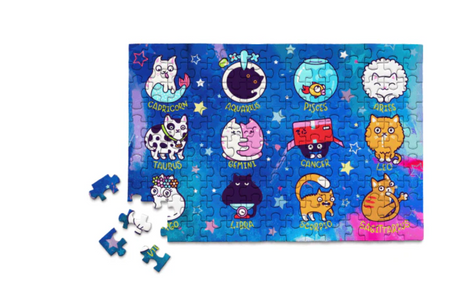 150-piece puzzle featuring cute cats as zodiac signs on a colorful celestial background ready to assemble