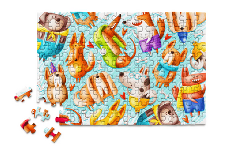 Colorful completed micro puzzle featuring various playful cartoon dogs on a light blue background with scattered pieces nearby