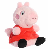 Soft plush Peppa Pig wearing red dress with cheerful expression, sized to fit comfortably in the palm of your hand
