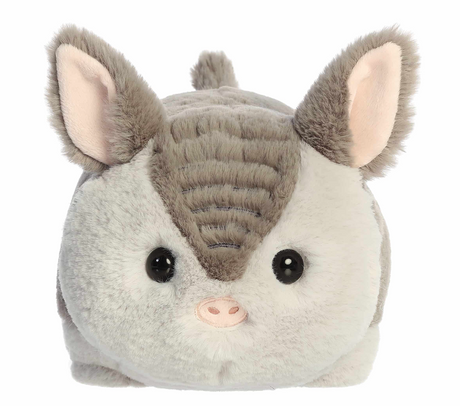 Plush armadillo with soft fur, round body, large ears, and cute black eyes smiling gently