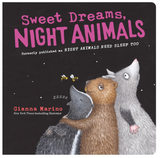 Cover of Sweet Dreams Night Animals showing a bear, wolf, and beaver cuddled together under a night sky with bees flying nearby