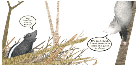 A possum and a skunk in trees talking about finding a quiet, dark place to sleep during the day.