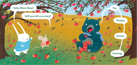 Illustration of a little white bunny and a black bear under autumn trees with red apples falling around them